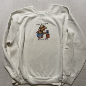 Vintage Needlepoint Cross Stitch Bear Flower Love Crewneck Sweatshirt L 80’s